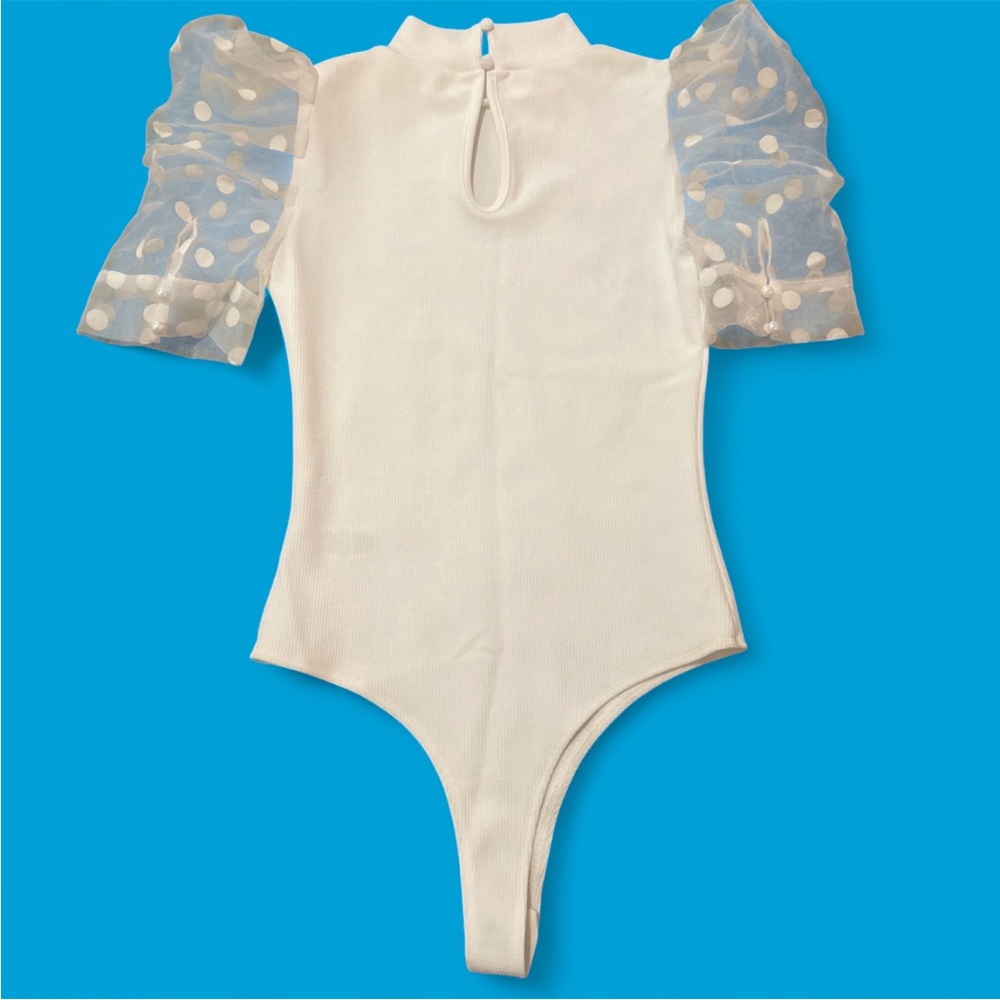 TCEC White Bodysuit with Sheer Polka Dot Sleeves - Picture 3 of 6